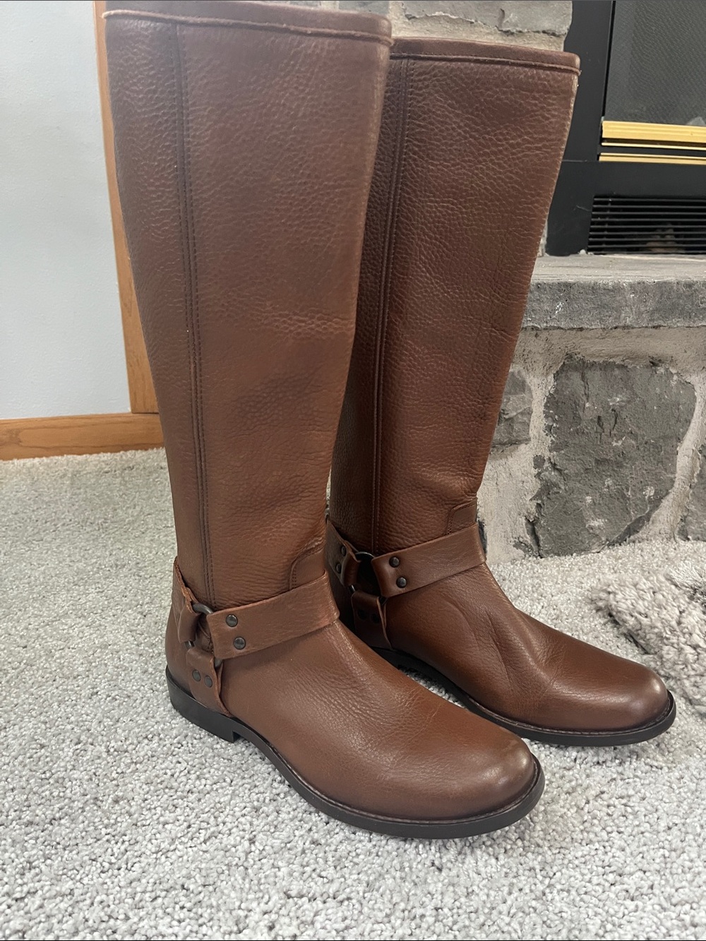 Frye Cognac Brown Leather Tall Harness Boots